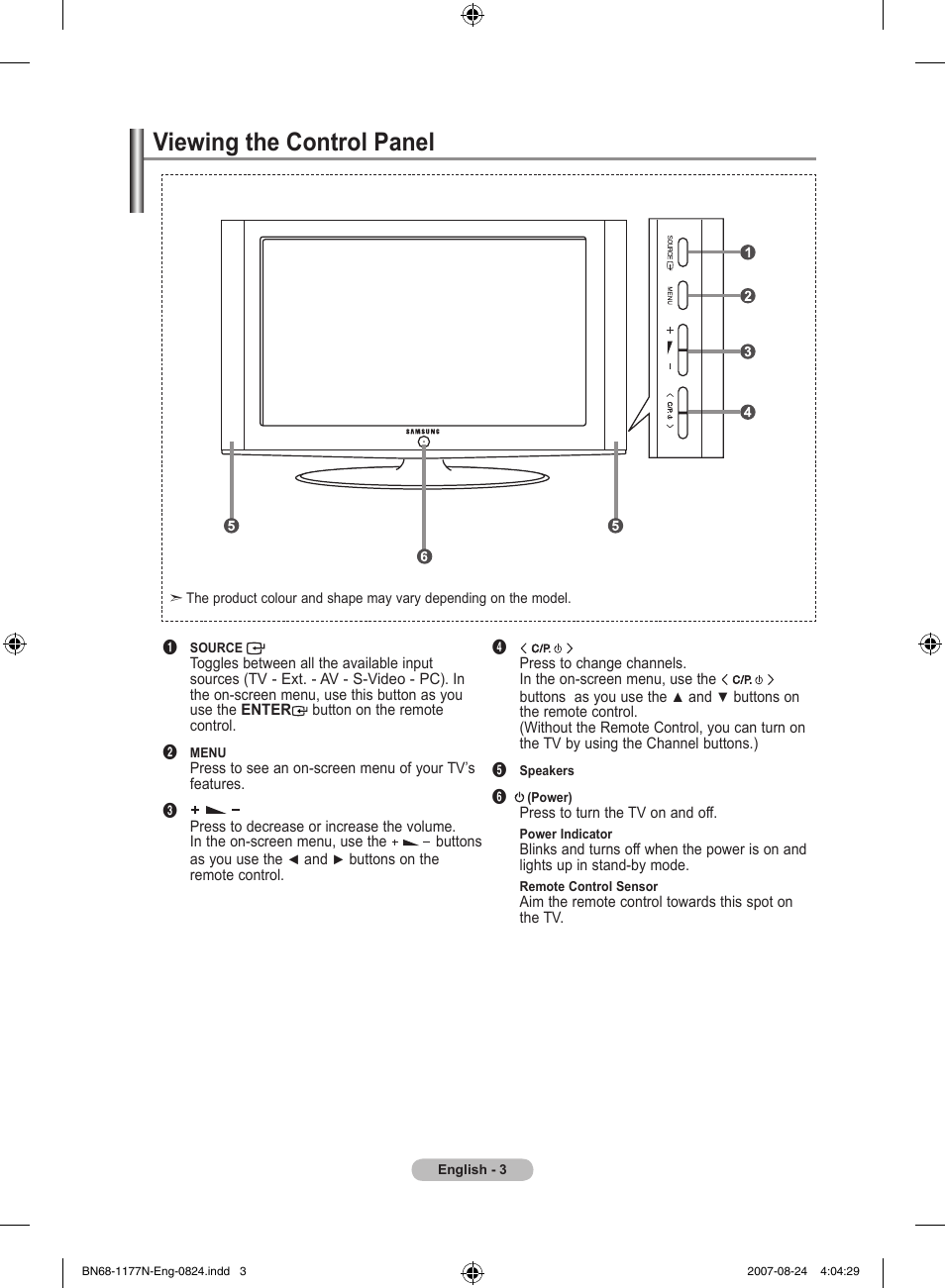 Viewing the control panel | Samsung LE20S81B User Manual | Page 5 / 271