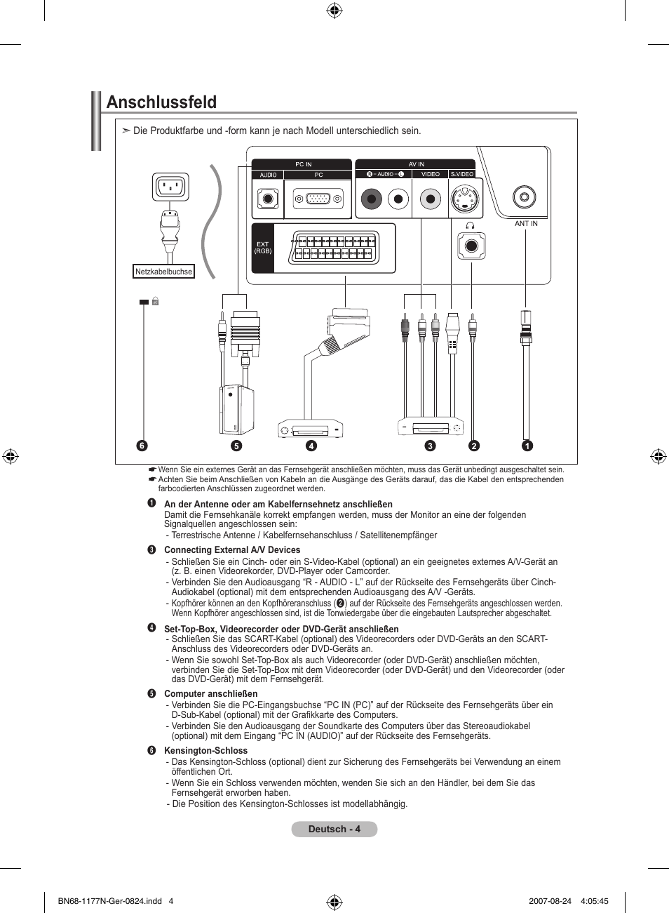 Anschlussfeld | Samsung LE20S81B User Manual | Page 50 / 271