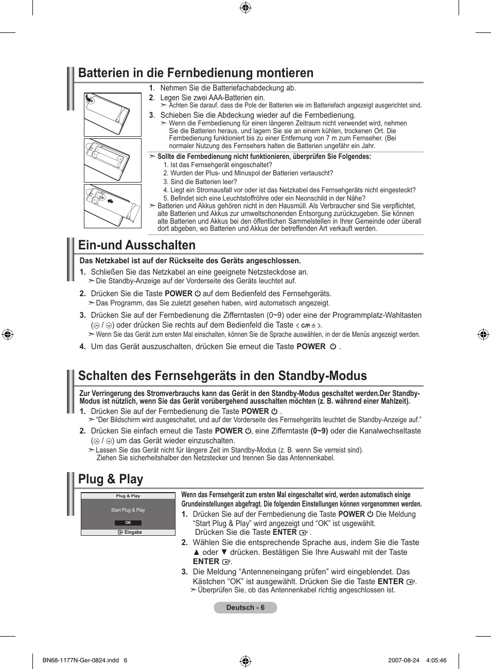 Ein-und ausschalten, Schalten des fernsehgeräts in den standby-modus, Plug & play | Batterien in die fernbedienung montieren | Samsung LE20S81B User Manual | Page 52 / 271