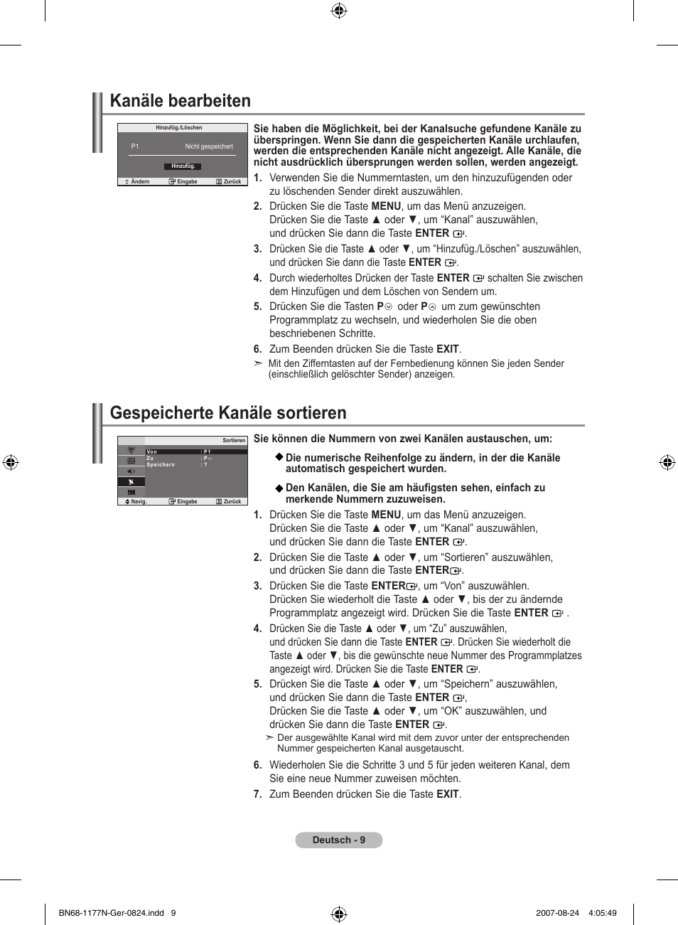 Kanäle bearbeiten, Gespeicherte kanäle sortieren | Samsung LE20S81B User Manual | Page 55 / 271