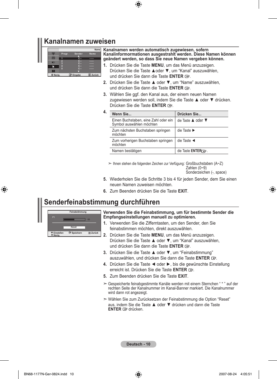Kanalnamen zuweisen, Senderfeinabstimmung durchführen | Samsung LE20S81B User Manual | Page 56 / 271