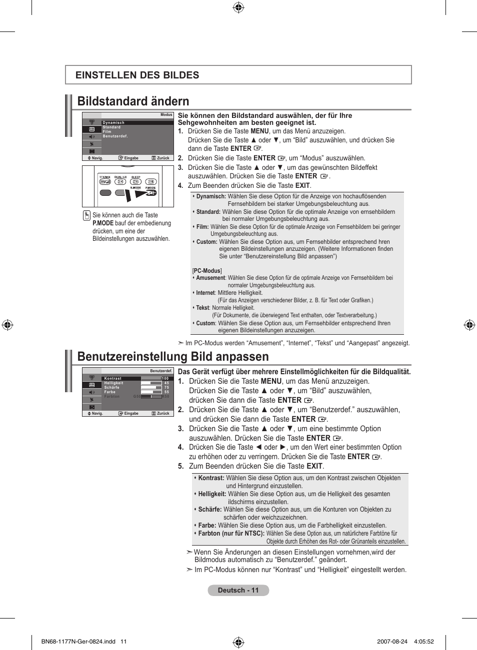 Bildstandard ändern, Benutzereinstellung bild anpassen, Einstellen des bildes | Samsung LE20S81B User Manual | Page 57 / 271