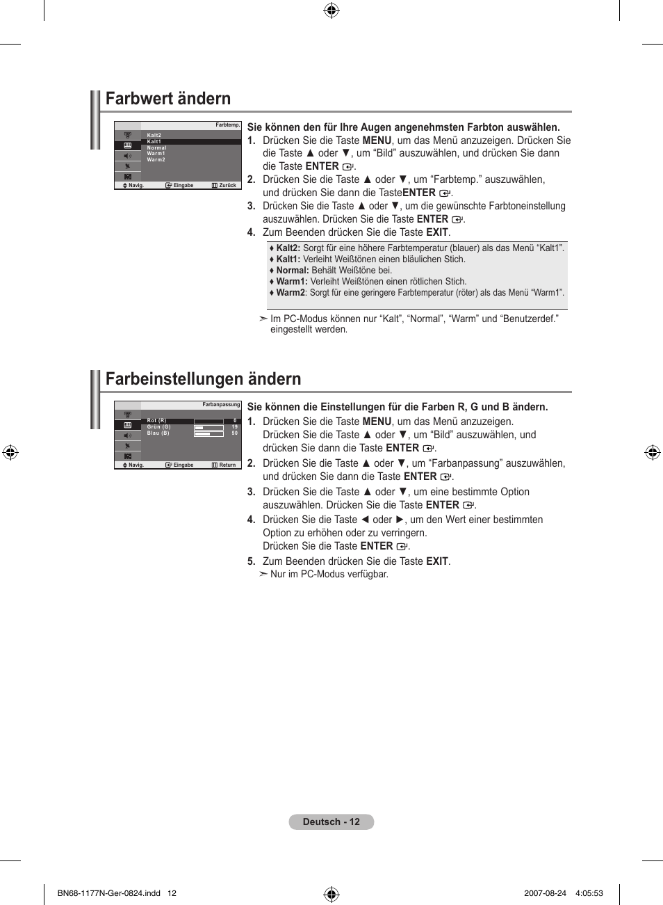 Farbwert ändern, Farbeinstellungen ändern | Samsung LE20S81B User Manual | Page 58 / 271