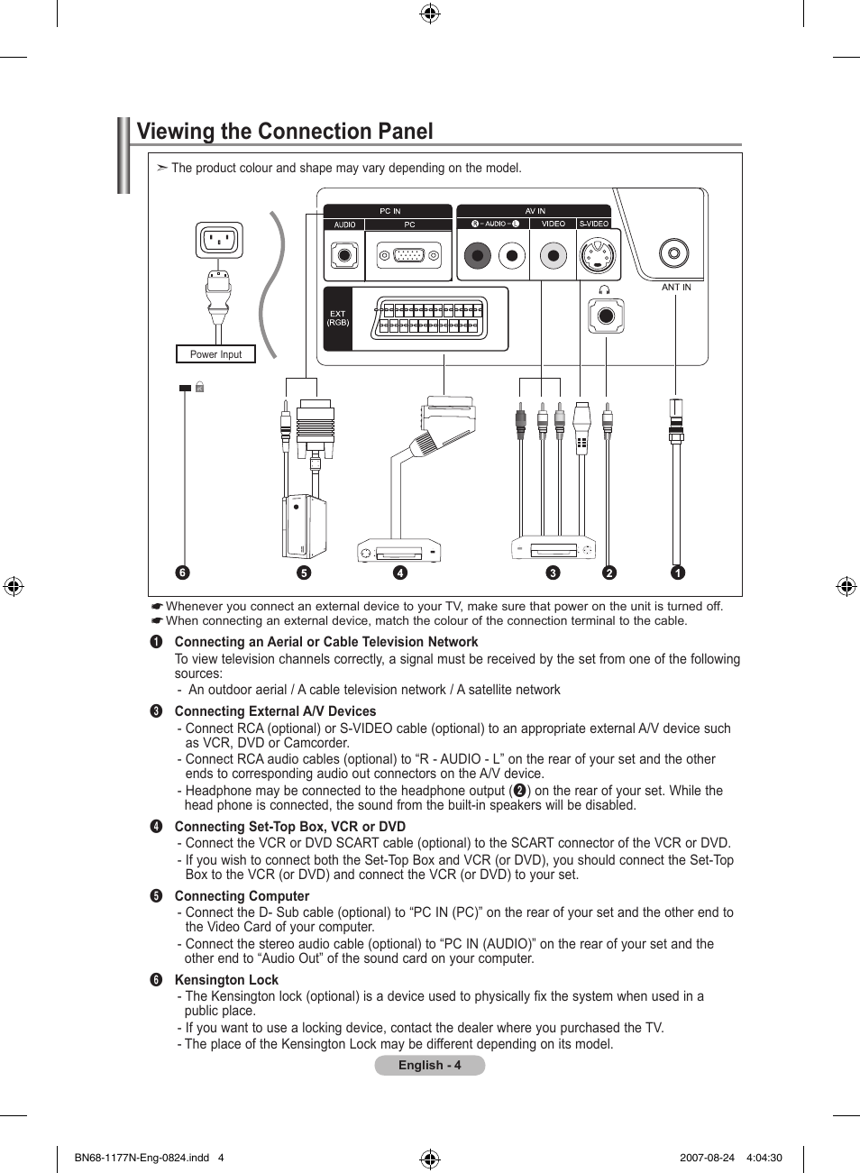 Viewing the connection panel | Samsung LE20S81B User Manual | Page 6 / 271