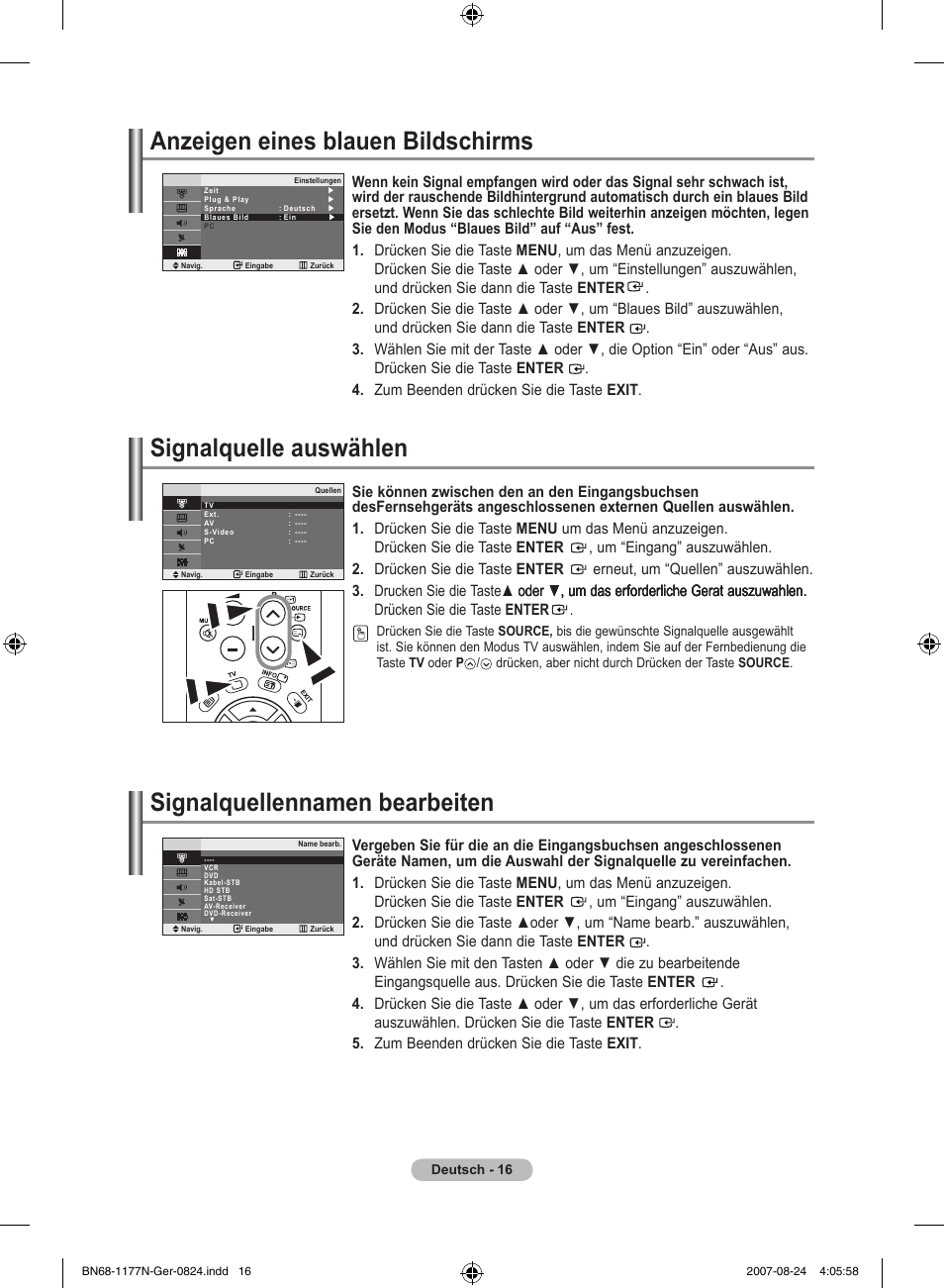Anzeigen eines blauen bildschirms, Signalquelle auswählen, Signalquellennamen bearbeiten | Samsung LE20S81B User Manual | Page 62 / 271