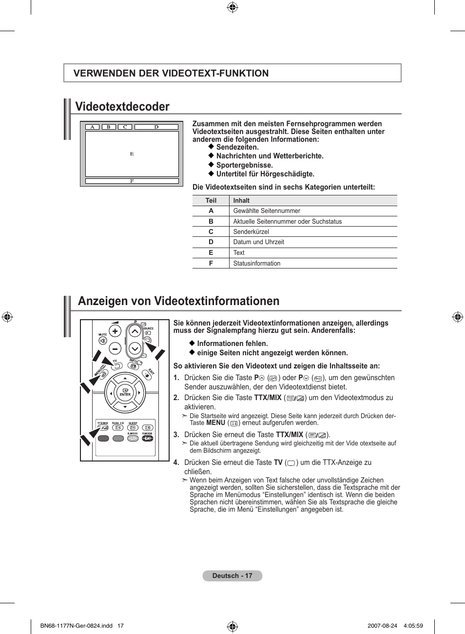 Videotextdecoder, Anzeigen von videotextinformationen, Verwenden der videotext-funktion | Samsung LE20S81B User Manual | Page 63 / 271
