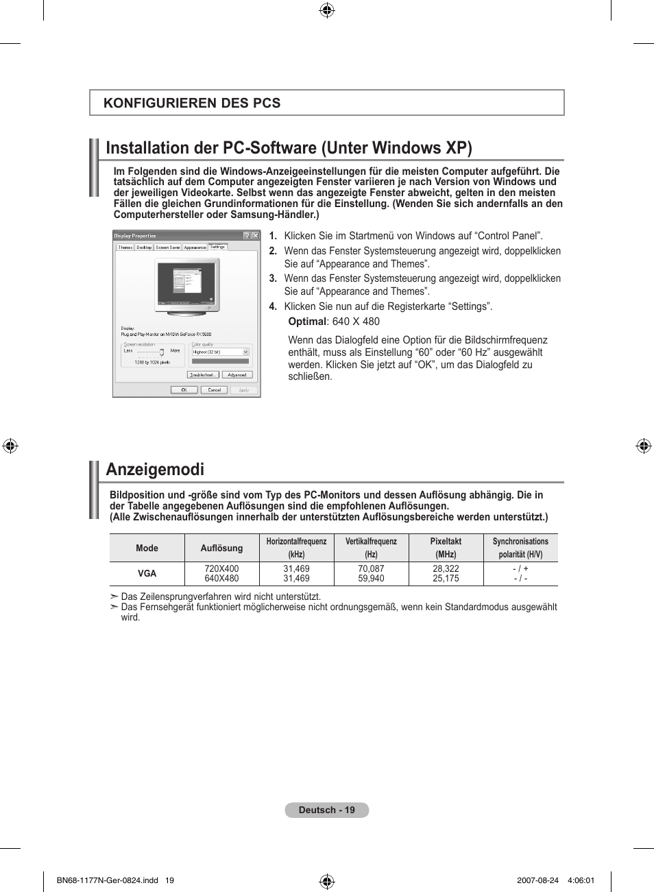Konfigurieren des pcs | Samsung LE20S81B User Manual | Page 65 / 271