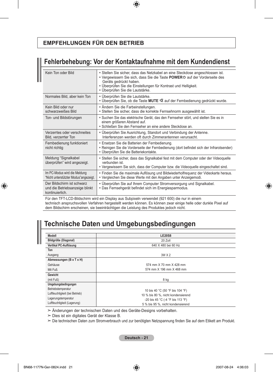 Technische daten und umgebungsbedingungen, Empfehlungen für den betrieb | Samsung LE20S81B User Manual | Page 67 / 271