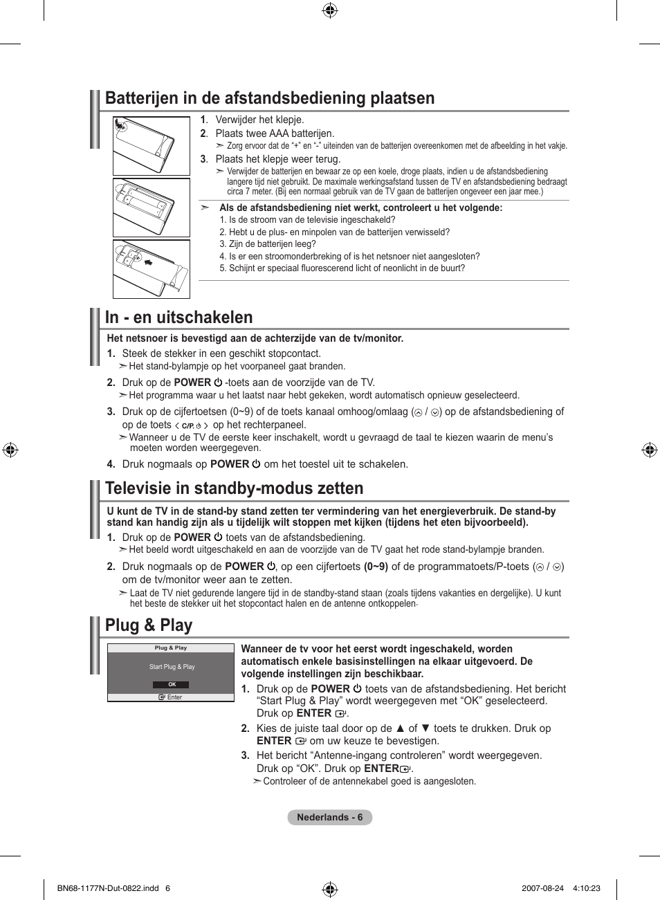 Televisie in standby-modus zetten, Plug & play, Batterijen in de afstandsbediening plaatsen | Samsung LE20S81B User Manual | Page 74 / 271