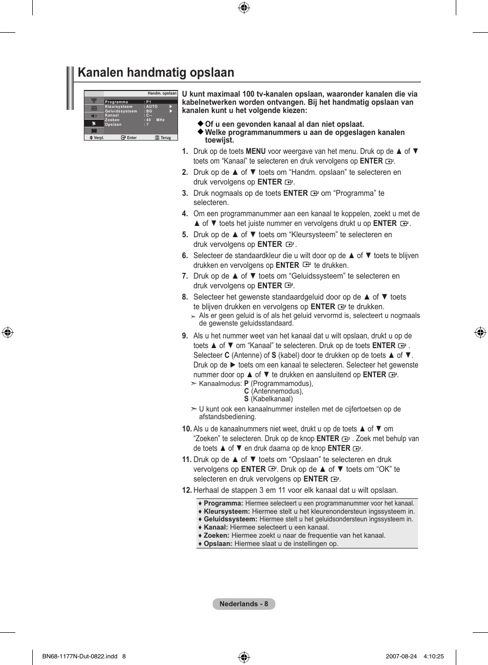 Kanalen handmatig opslaan | Samsung LE20S81B User Manual | Page 76 / 271