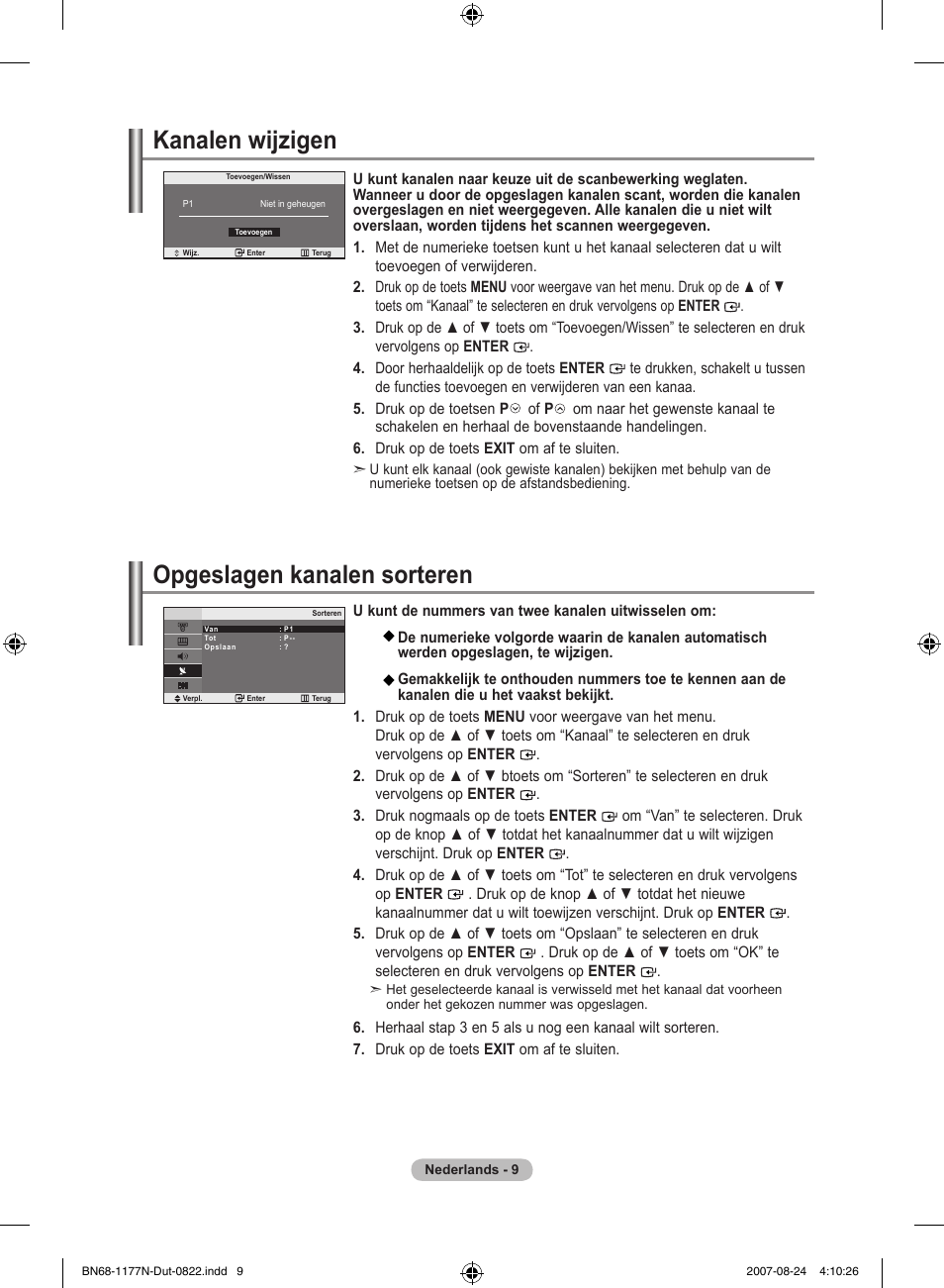 Kanalen wijzigen, Opgeslagen kanalen sorteren | Samsung LE20S81B User Manual | Page 77 / 271