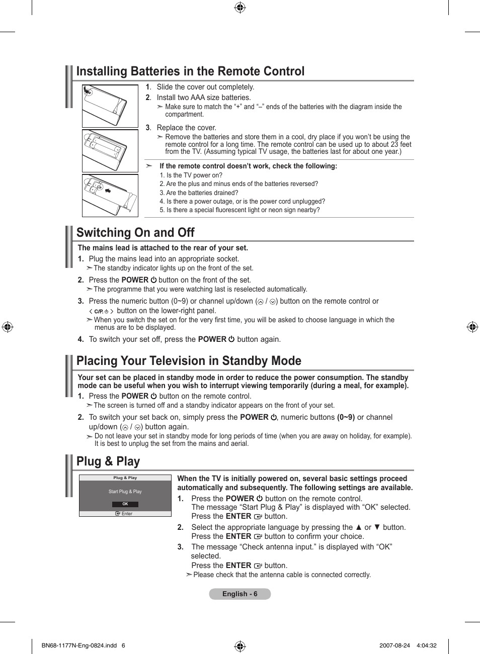 Installing batteries in the remote control, Switching on and off, Placing your television in standby mode | Plug & play | Samsung LE20S81B User Manual | Page 8 / 271