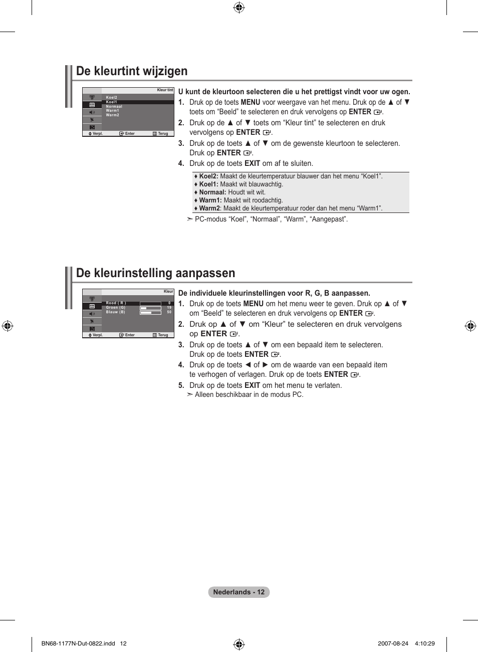 De kleurtint wijzigen, De kleurinstelling aanpassen | Samsung LE20S81B User Manual | Page 80 / 271