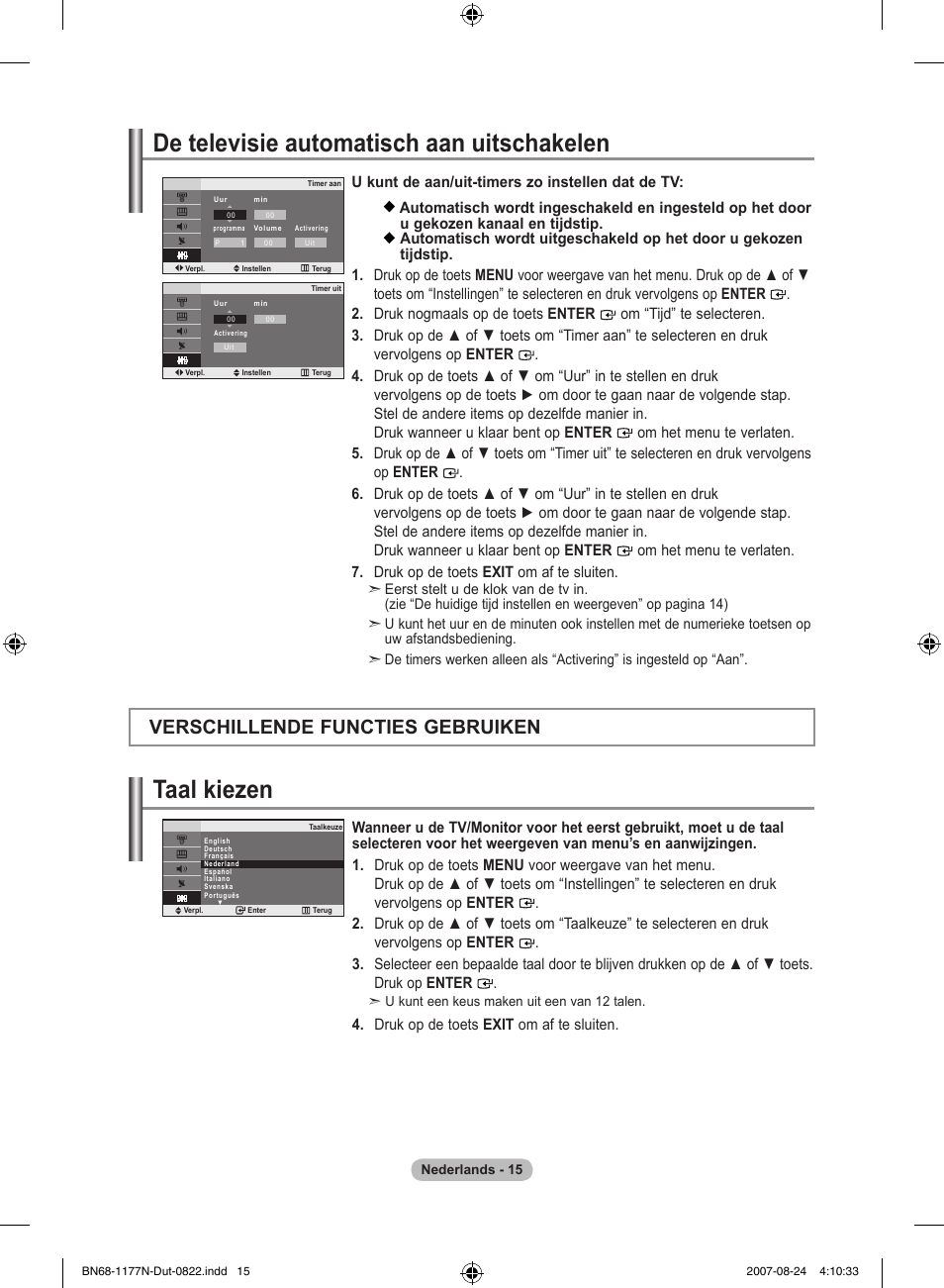 De televisie automatisch aan uitschakelen, Taal kiezen, Verschillende functies gebruiken | Druk op de toets exit om af te sluiten | Samsung LE20S81B User Manual | Page 83 / 271