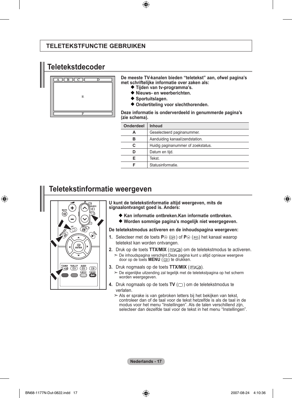 Teletekstdecoder, Teletekstinformatie weergeven, Teletekstfunctie gebruiken | Samsung LE20S81B User Manual | Page 85 / 271