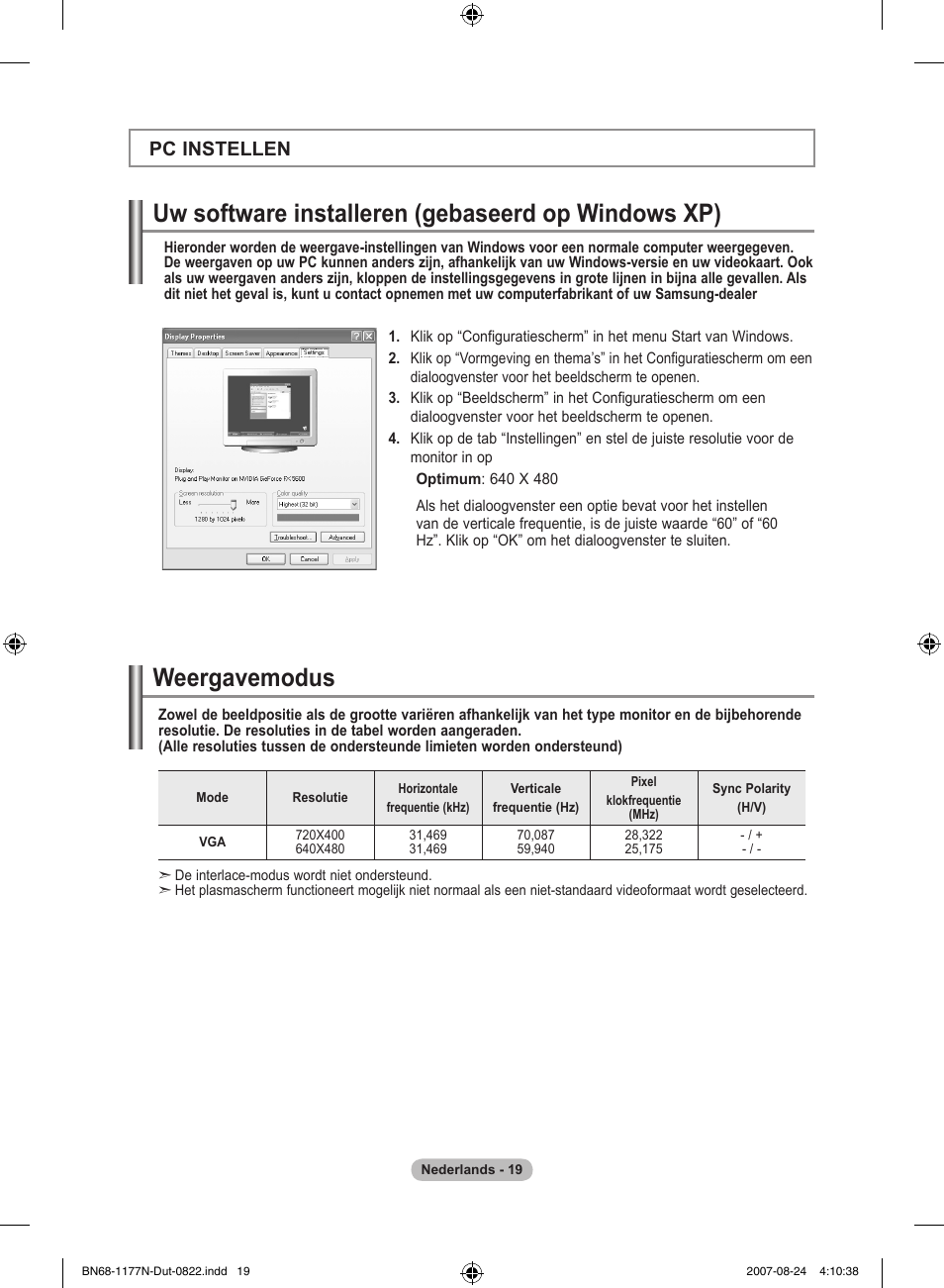 Pc instellen | Samsung LE20S81B User Manual | Page 87 / 271