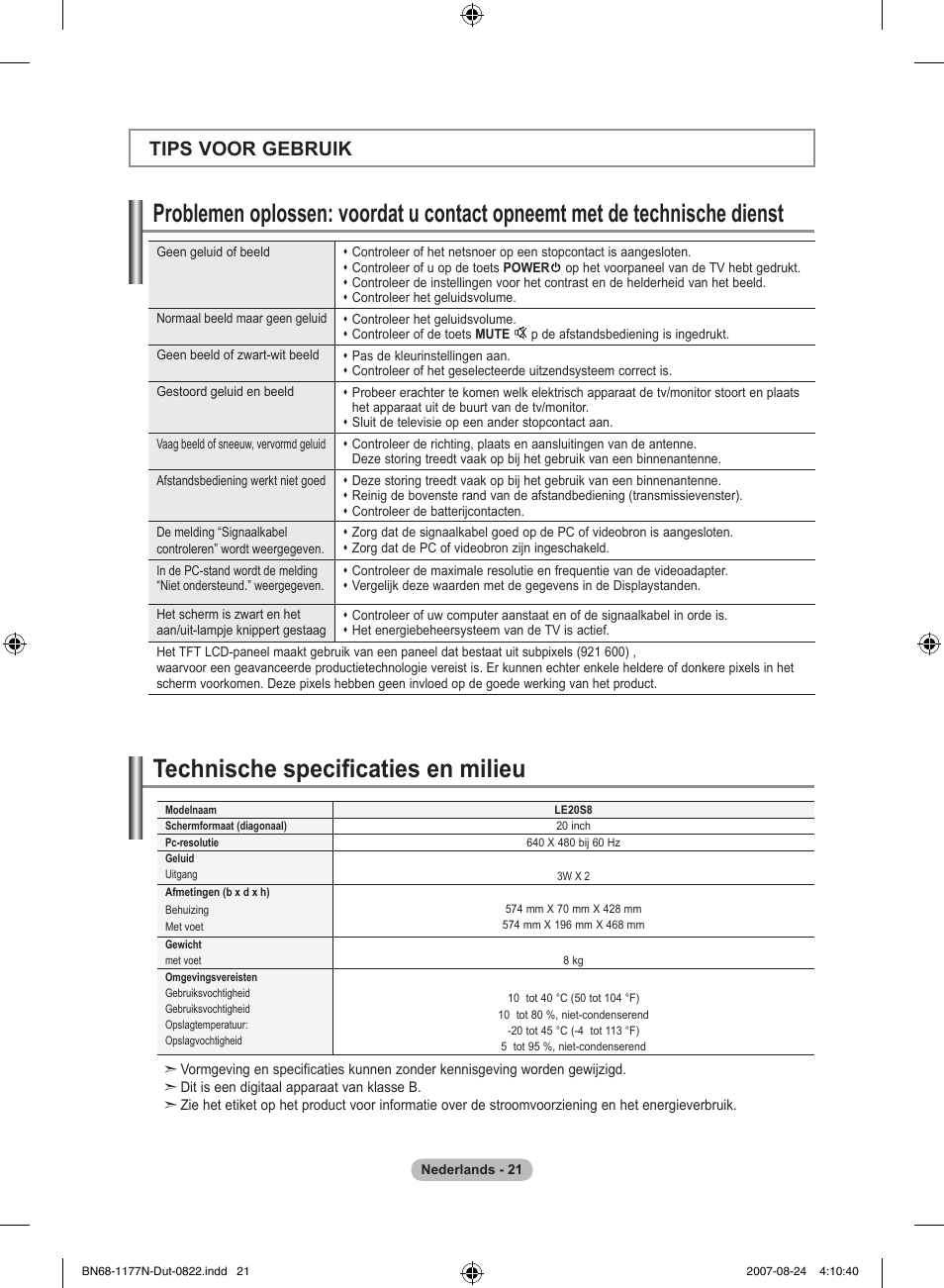 Technische specificaties en milieu, Tips voor gebruik | Samsung LE20S81B User Manual | Page 89 / 271