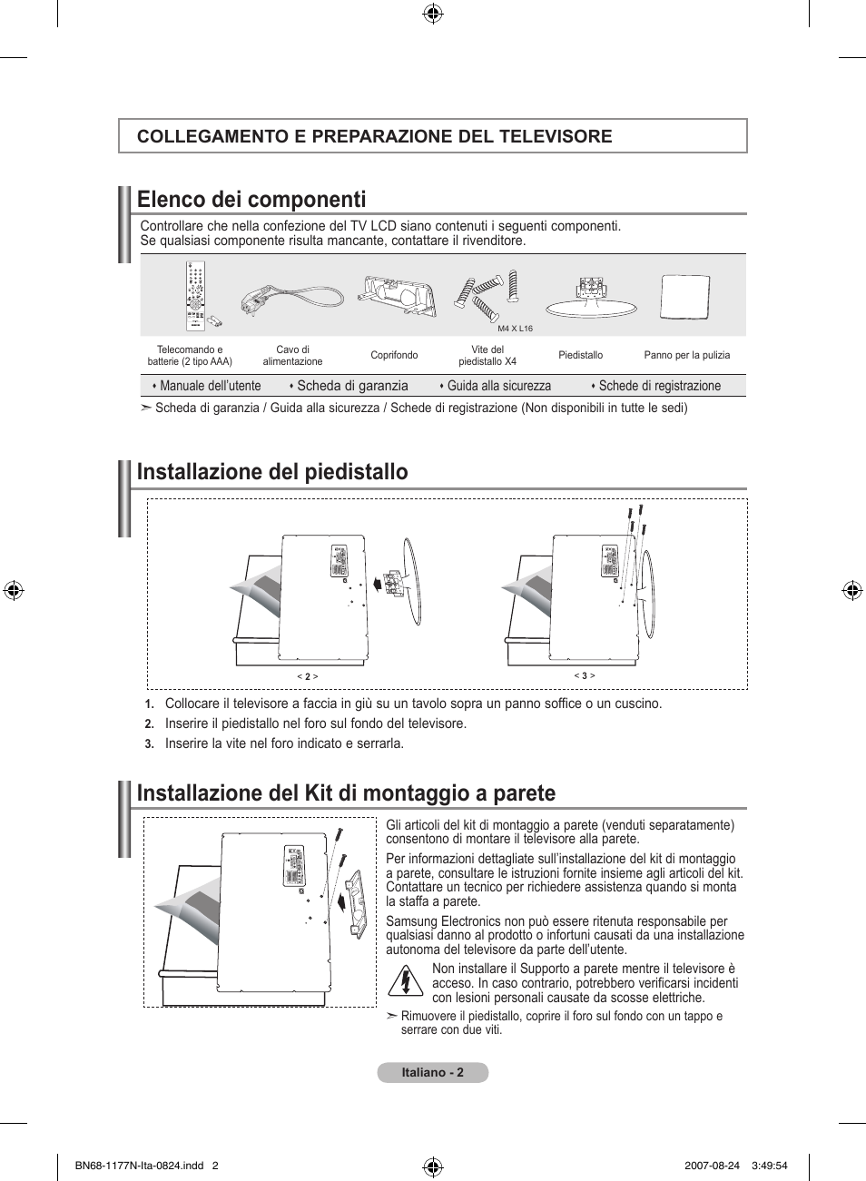 Elenco dei componenti, Collegamento e preparazione del televisore | Samsung LE20S81B User Manual | Page 92 / 271