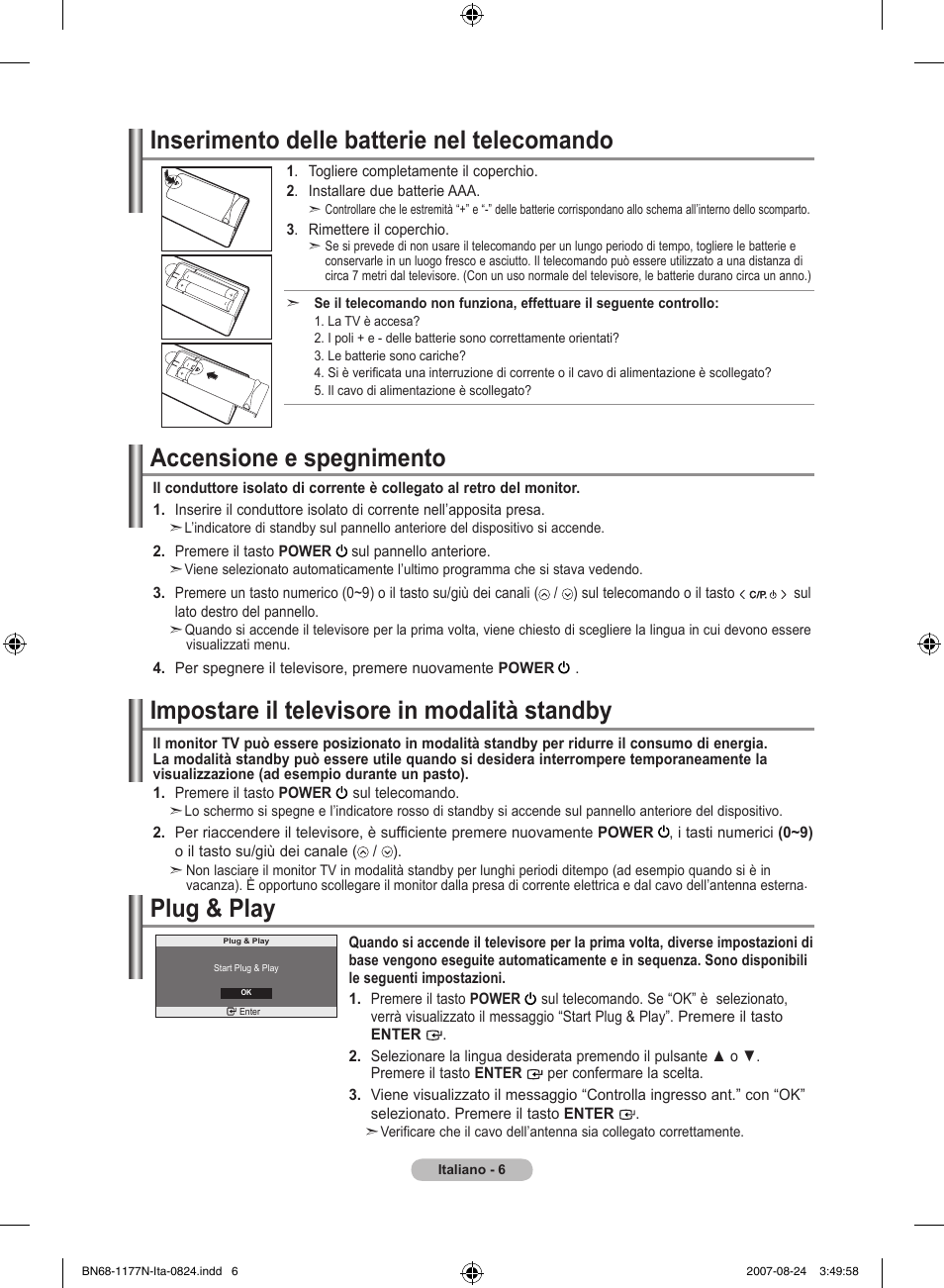 Accensione e spegnimento, Impostare il televisore in modalità standby, Plug & play | Inserimento delle batterie nel telecomando | Samsung LE20S81B User Manual | Page 96 / 271