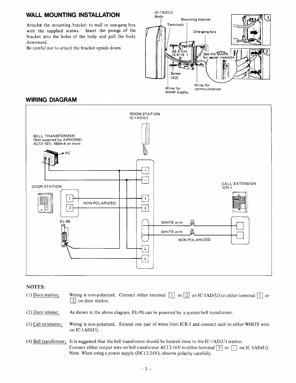Wall mounting installation, Wiring diagram | Aiphone IC-1AD(U) User Manual | Page 3 / 4