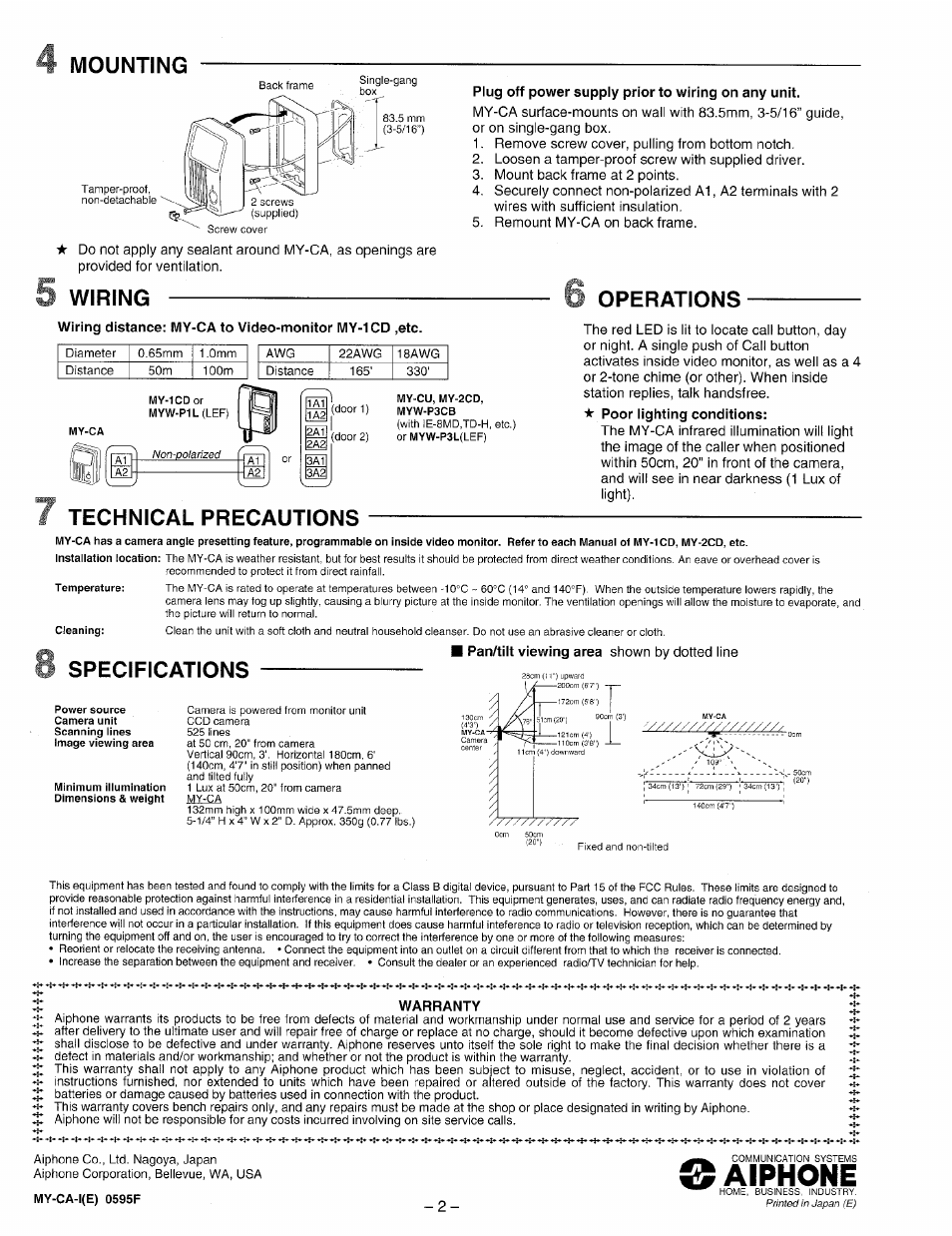 Aiphone, Mounting, Wiring | Operations, Technical precautions, Specifications | Aiphone MY-CA User Manual | Page 2 / 2