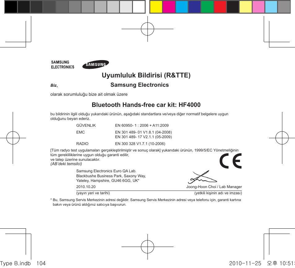 Uyumluluk bildirisi (r&tte), Bluetooth hands-free car kit: hf4000, Samsung electronics | Samsung BHF4000 User Manual | Page 107 / 179