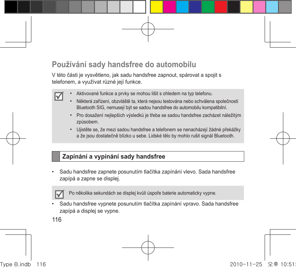 Používání sady handsfree do automobilu | Samsung BHF4000 User Manual | Page 119 / 179