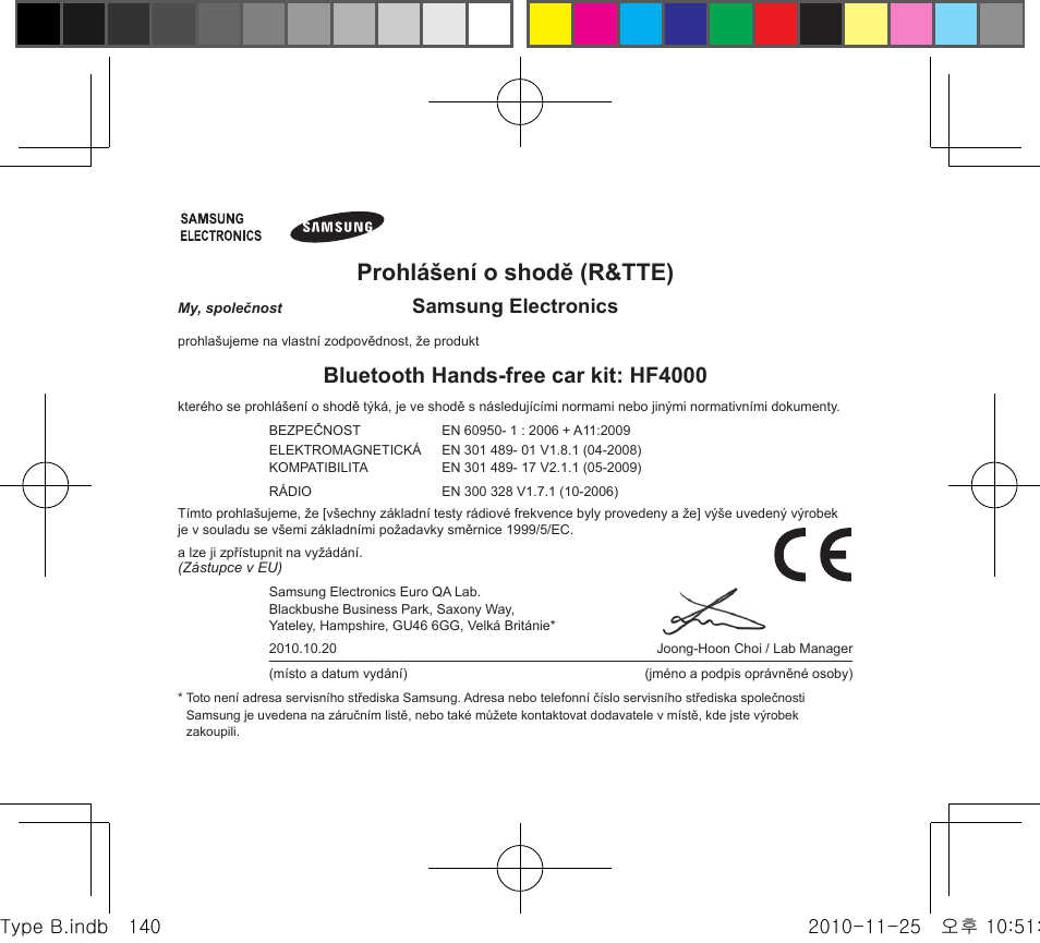 Prohlášení o shodě (r&tte), Bluetooth hands-free car kit: hf4000, Samsung electronics | Samsung BHF4000 User Manual | Page 143 / 179