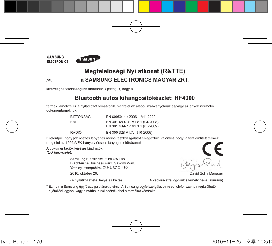Megfelelőségi nyilatkozat (r&tte), Bluetooth autós kihangosítókészlet: hf4000, A samsung electronics magyar zrt | Samsung BHF4000 User Manual | Page 179 / 179