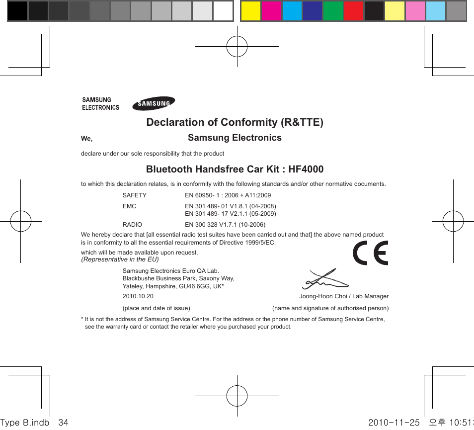 Declaration of conformity (r&tte), Bluetooth handsfree car kit : hf4000, Samsung electronics | Samsung BHF4000 User Manual | Page 37 / 179