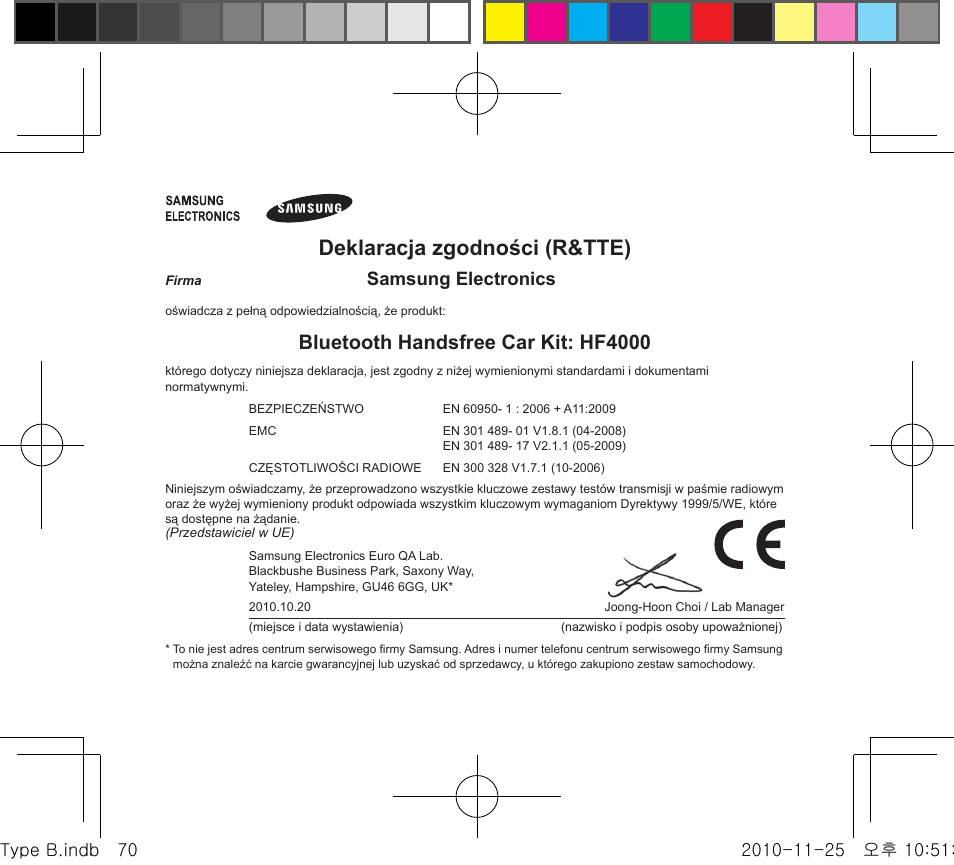 Deklaracja zgodności (r&tte), Bluetooth handsfree car kit: hf4000, Samsung electronics | Samsung BHF4000 User Manual | Page 73 / 179