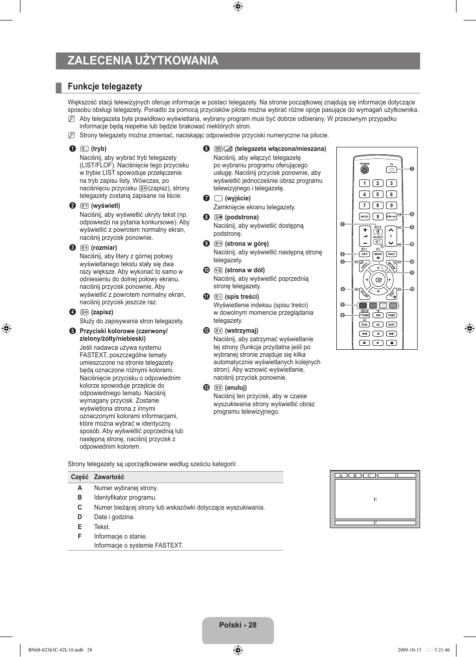 Zalecenia użytkowania, Funkcje telegazety | Samsung LE32B530P7N User Manual | Page 102 / 368