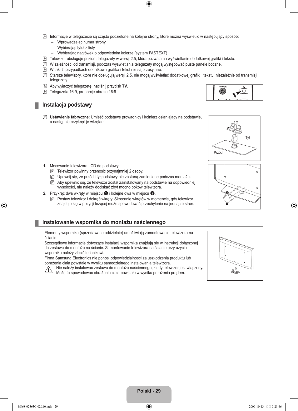 Instalacja podstawy, Instalowanie wspornika do montażu naściennego | Samsung LE32B530P7N User Manual | Page 103 / 368