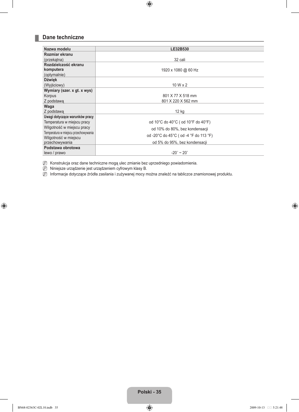 Dane techniczne | Samsung LE32B530P7N User Manual | Page 109 / 368