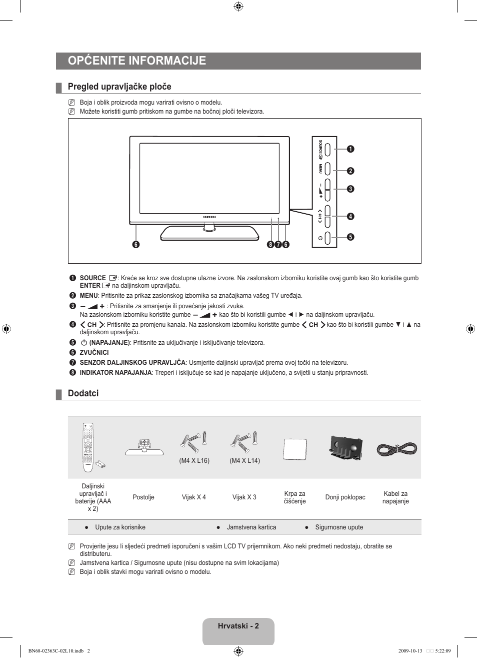 Općenite informacije, Pregled upravljačke ploče, Dodatci | Samsung LE32B530P7N User Manual | Page 184 / 368