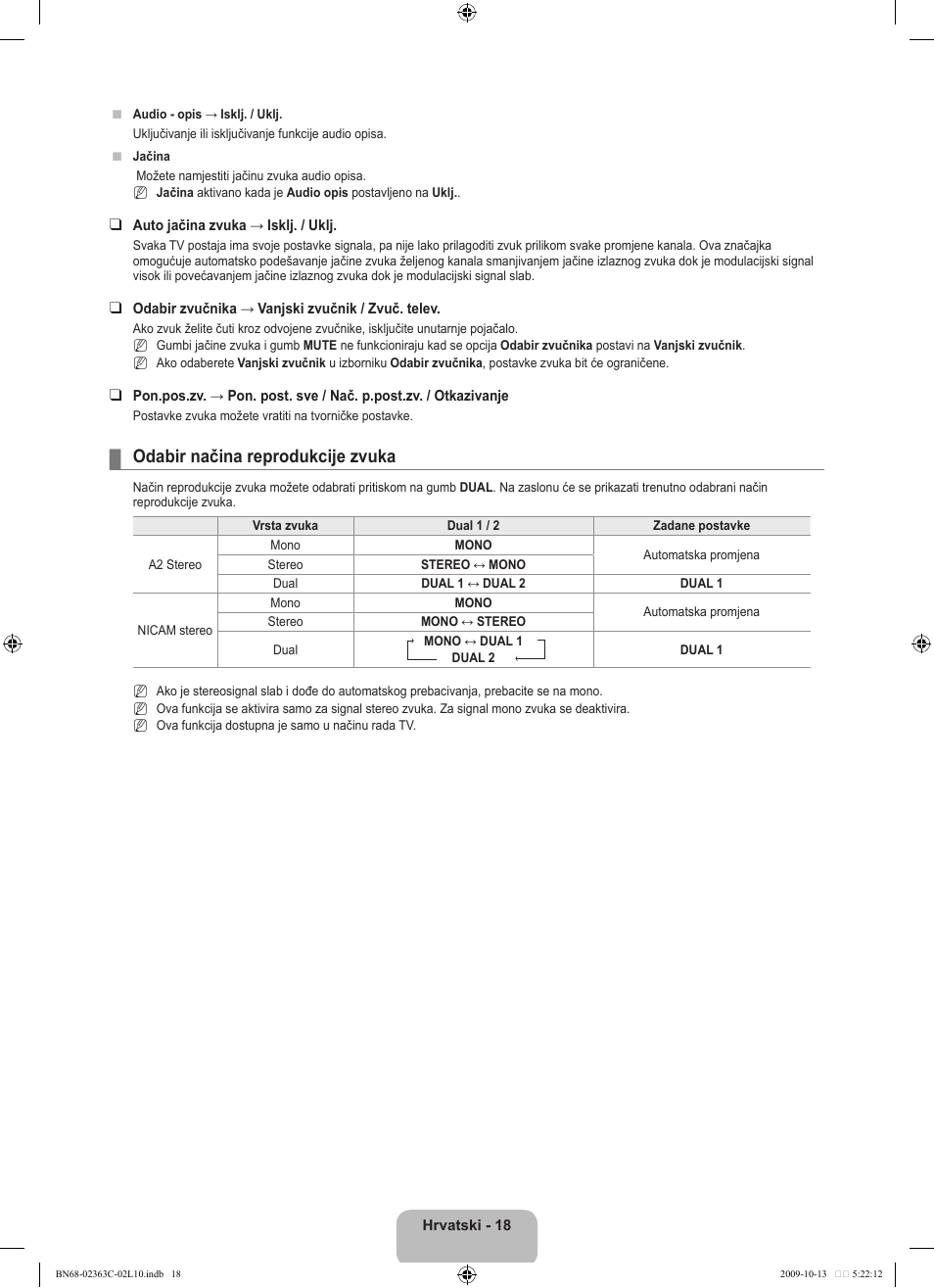 Odabir načina reprodukcije zvuka | Samsung LE32B530P7N User Manual | Page 200 / 368