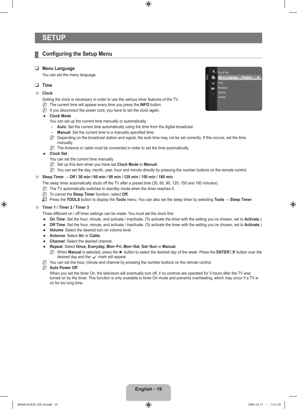 Setup, Configuring the setup menu | Samsung LE32B530P7N User Manual | Page 21 / 368