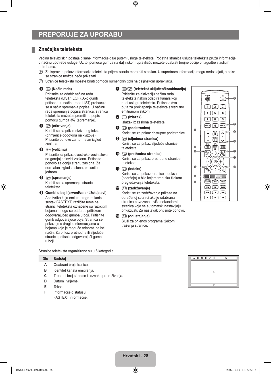 Preporuje za uporabu, Značajka teleteksta | Samsung LE32B530P7N User Manual | Page 210 / 368