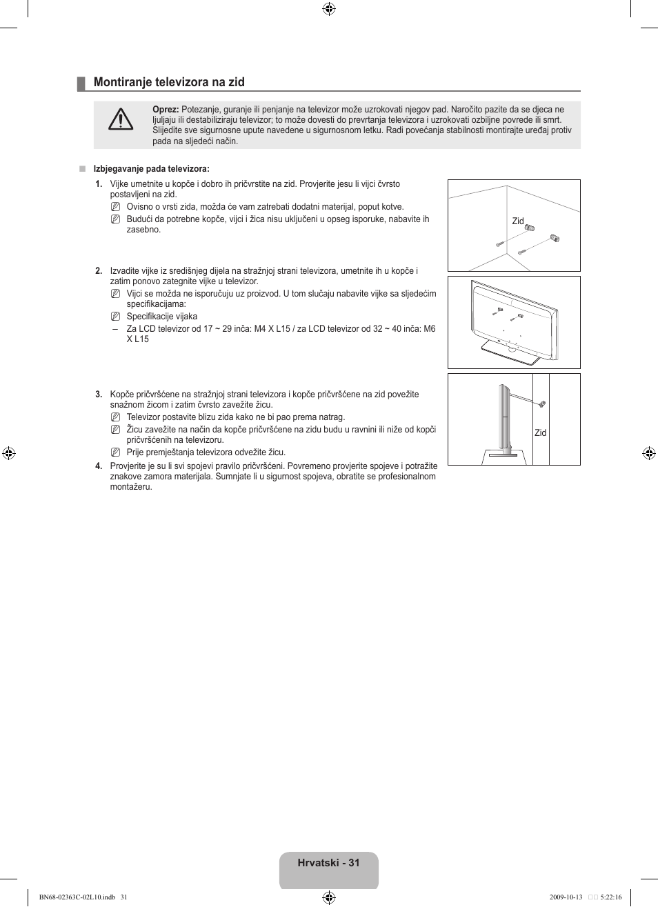 Montiranje televizora na zid | Samsung LE32B530P7N User Manual | Page 213 / 368