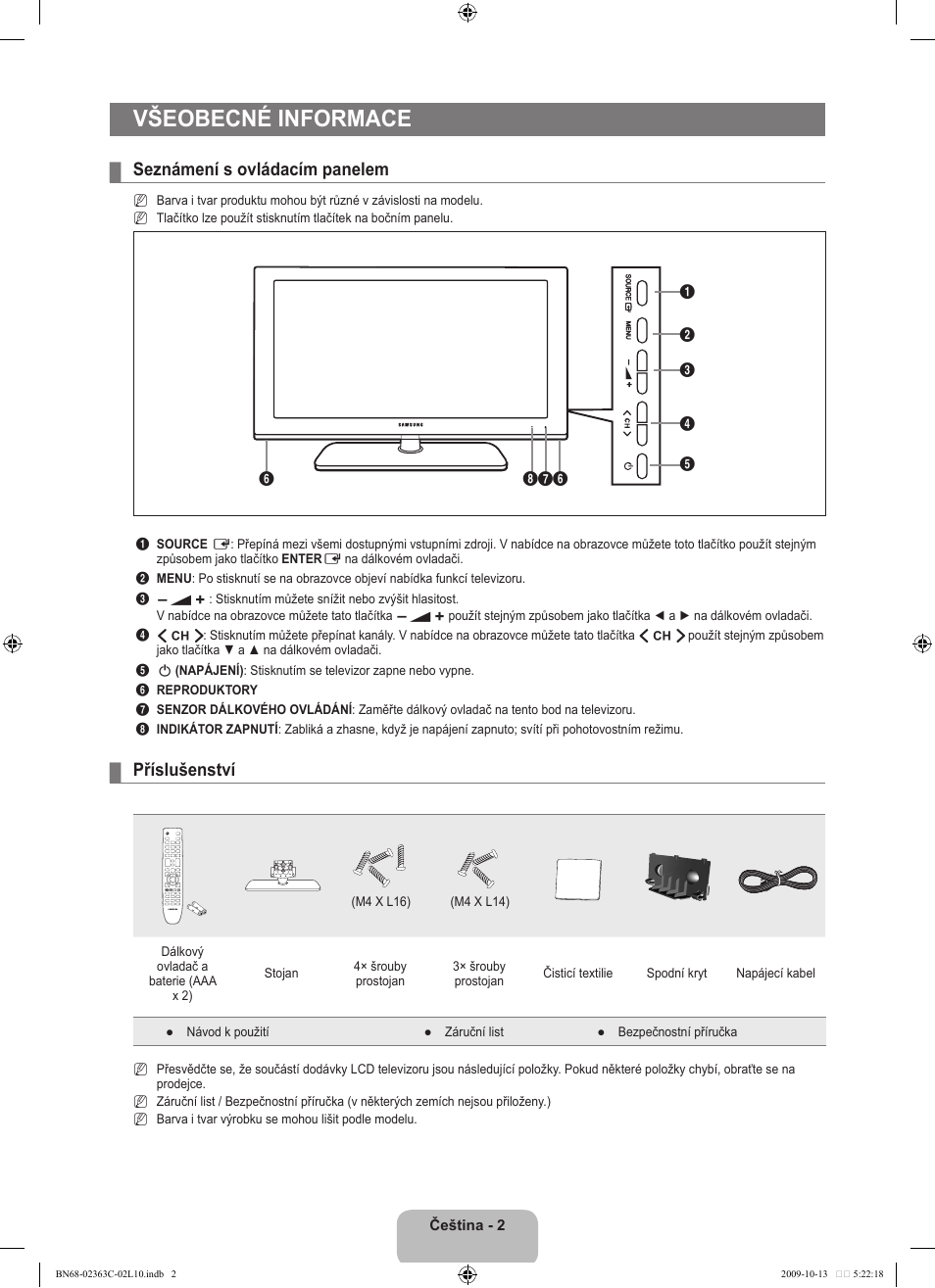 Všeobecné informace, Seznámení s ovládacím panelem, Příslušenství | Samsung LE32B530P7N User Manual | Page 220 / 368