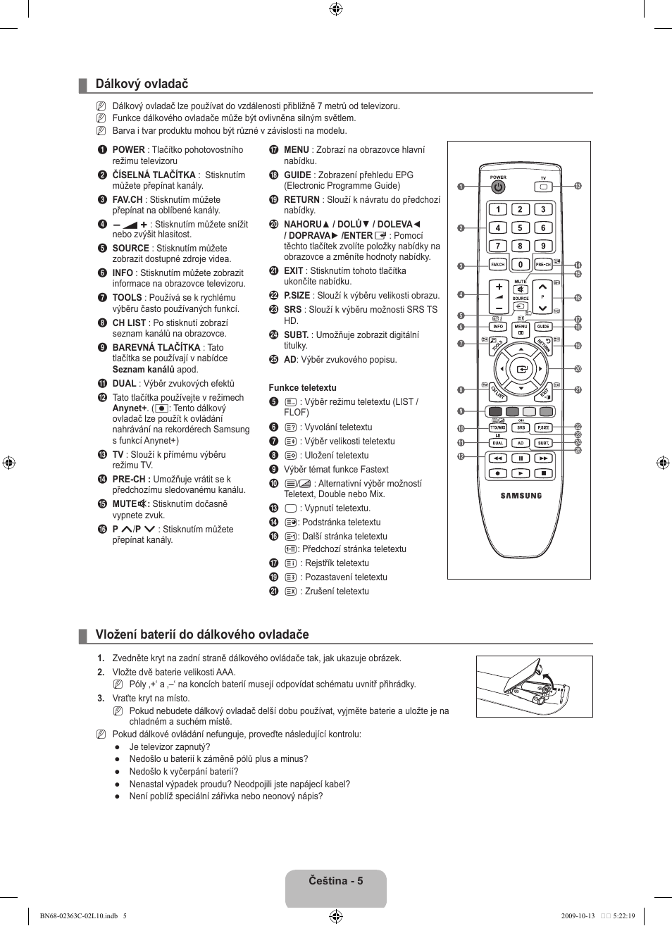 Dálkový ovladač, Vložení baterií do dálkového ovladače | Samsung LE32B530P7N User Manual | Page 223 / 368