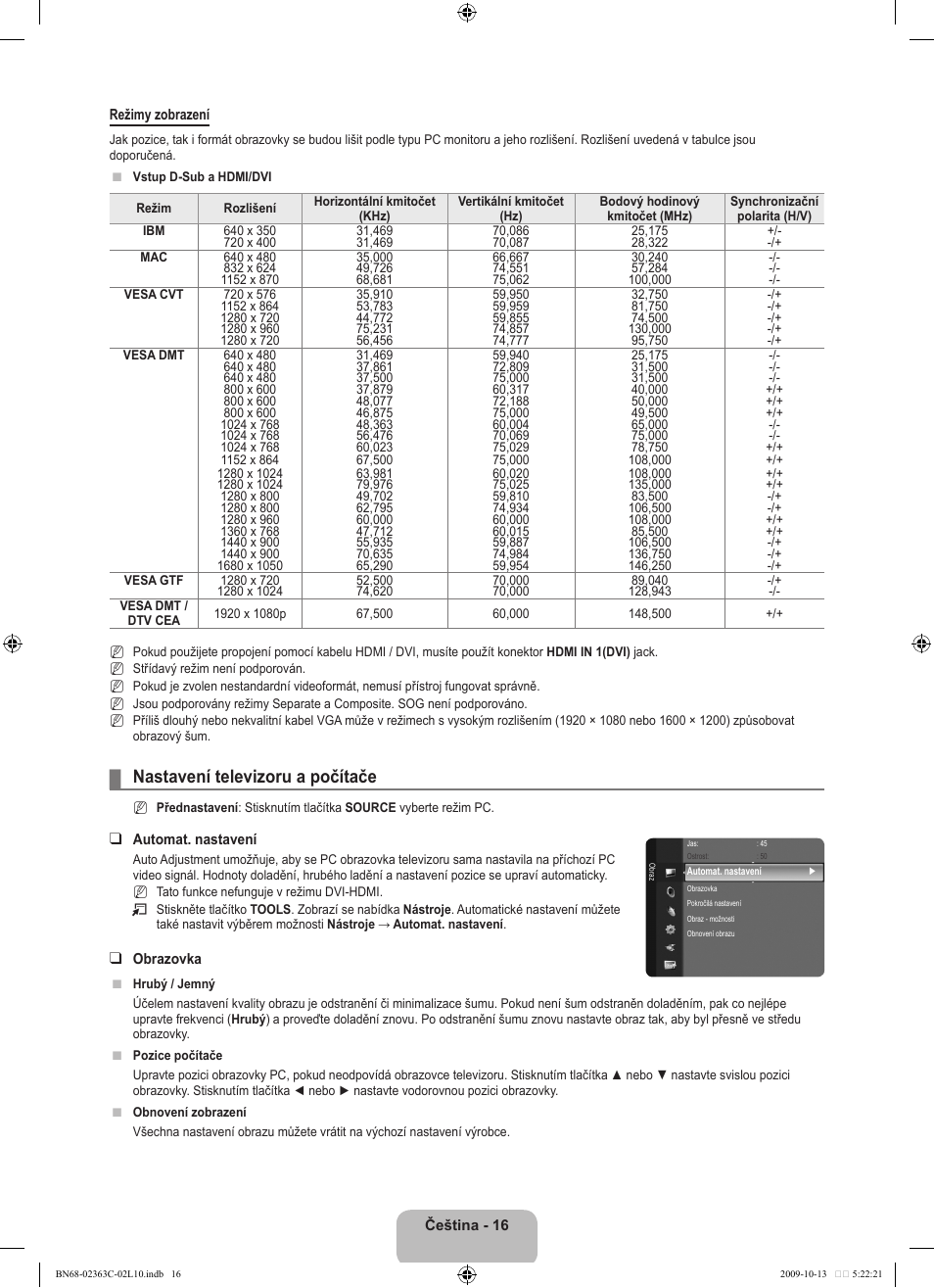 Nastavení televizoru a počítače | Samsung LE32B530P7N User Manual | Page 234 / 368