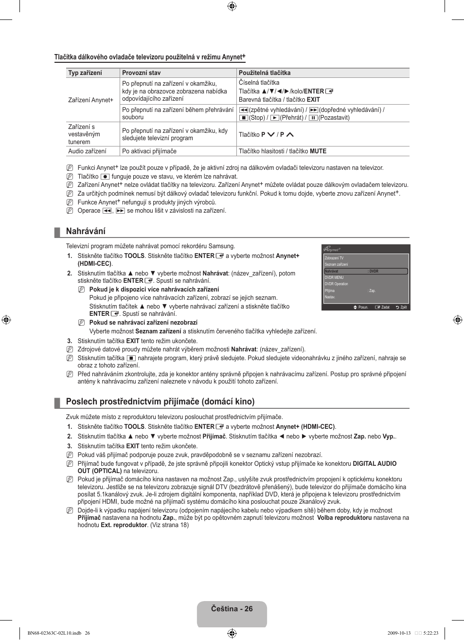 Nahrávání, Poslech prostřednictvím přijímače (domácí kino) | Samsung LE32B530P7N User Manual | Page 244 / 368