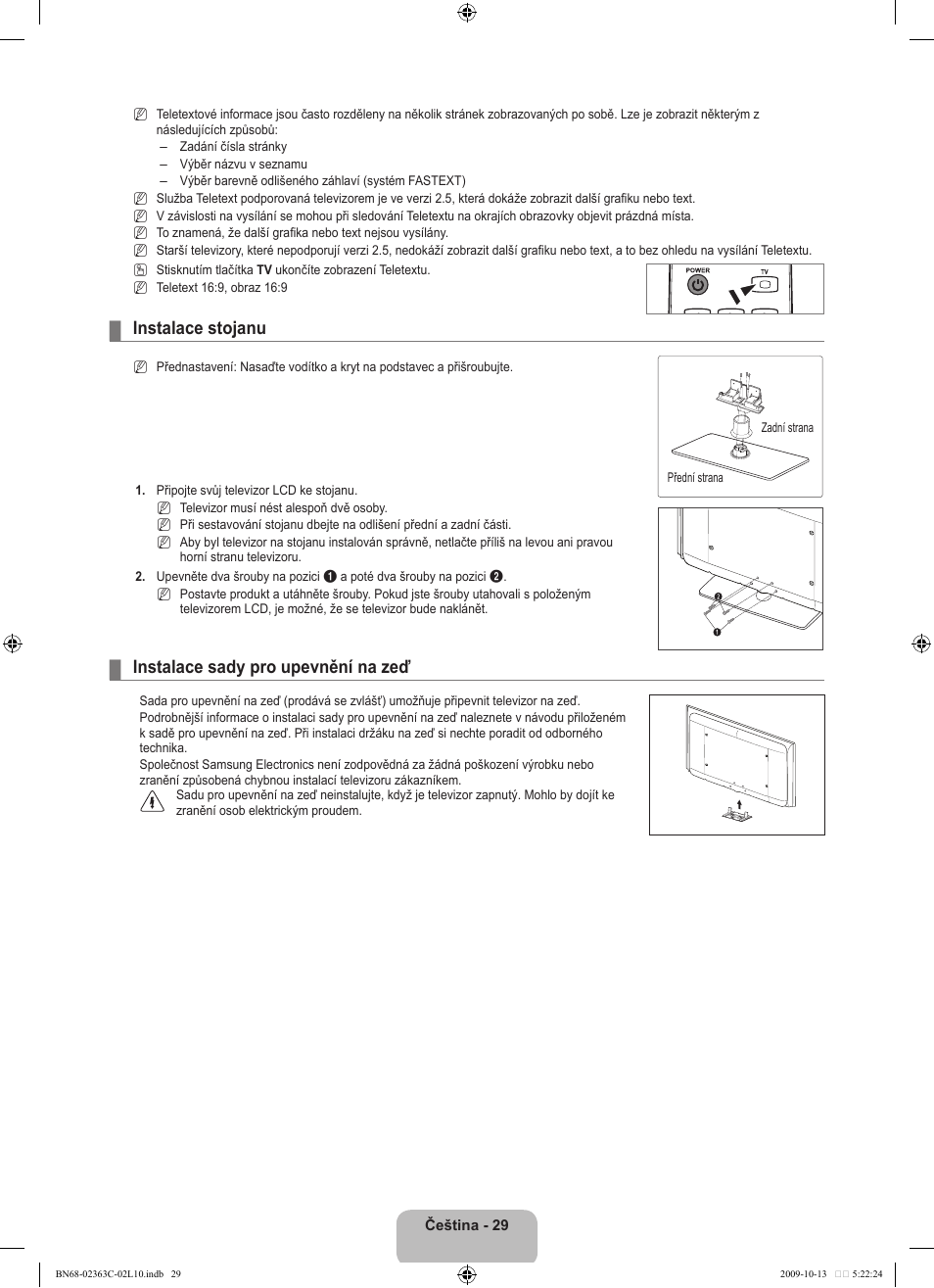 Instalace stojanu, Instalace sady pro upevnění na zeď | Samsung LE32B530P7N User Manual | Page 247 / 368