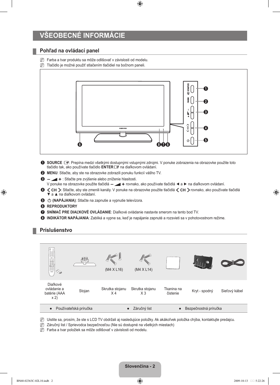 Všeobecné informácie, Pohľad na ovládací panel, Príslušenstvo | Samsung LE32B530P7N User Manual | Page 256 / 368