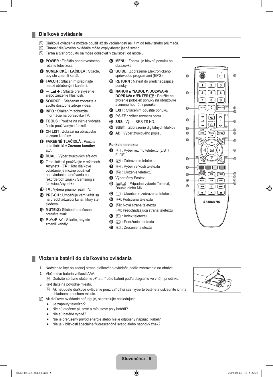 Diaľkové ovládanie, Vloženie batérií do diaľkového ovládania | Samsung LE32B530P7N User Manual | Page 259 / 368