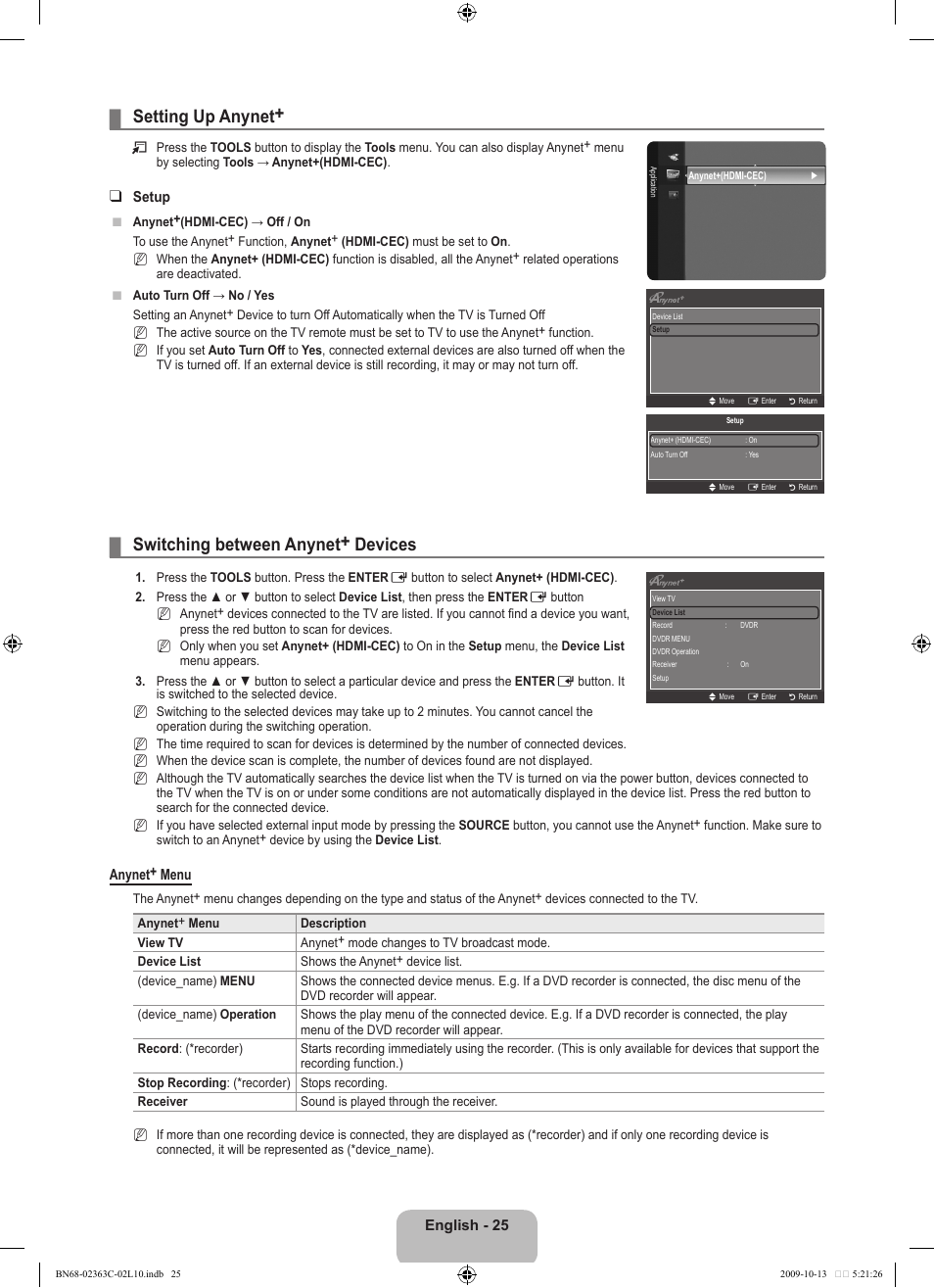 Setting up anynet, Switching between anynet+ devices | Samsung LE32B530P7N User Manual | Page 27 / 368