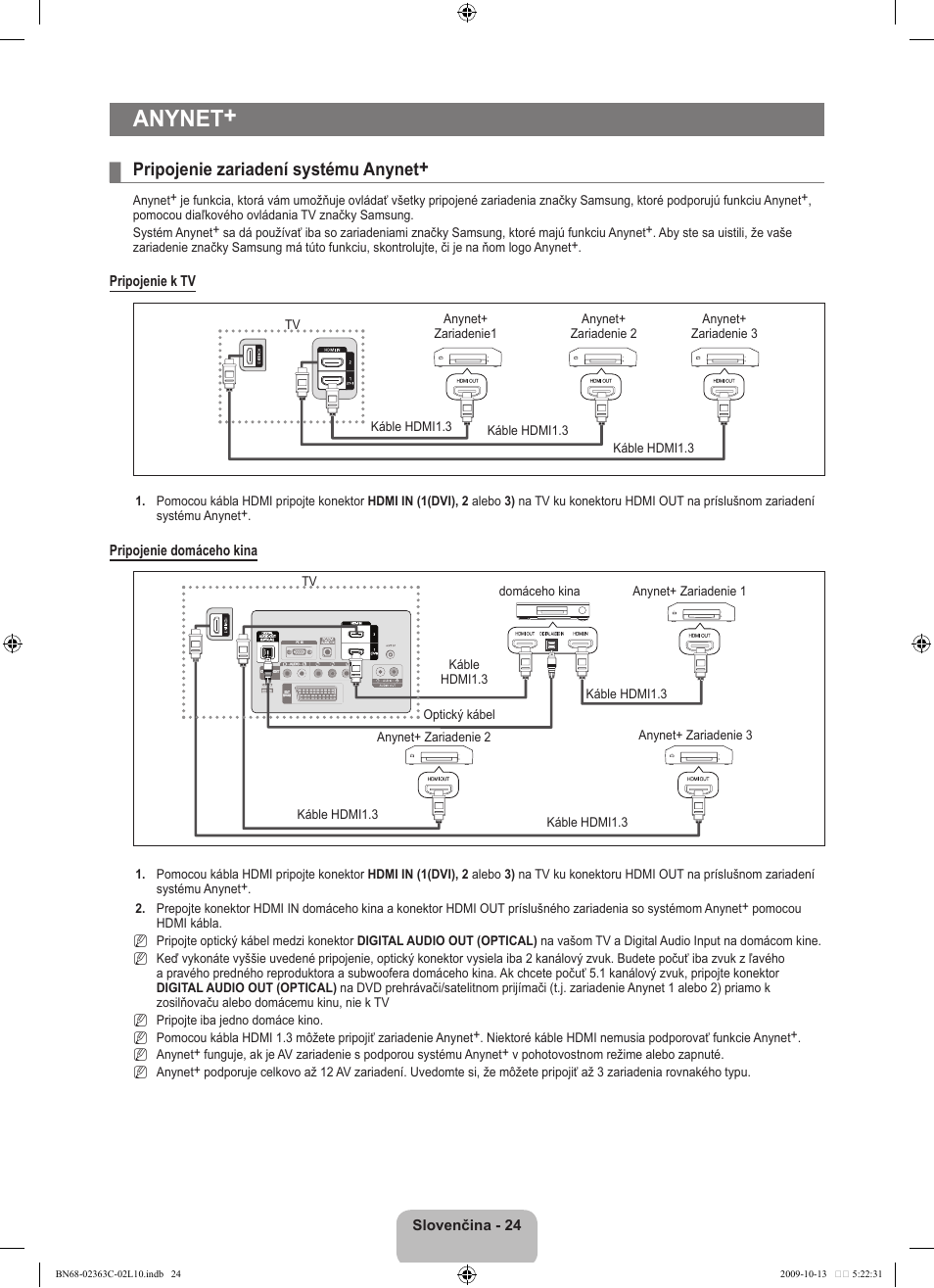 Anynet, Pripojenie zariadení systému anynet | Samsung LE32B530P7N User Manual | Page 278 / 368