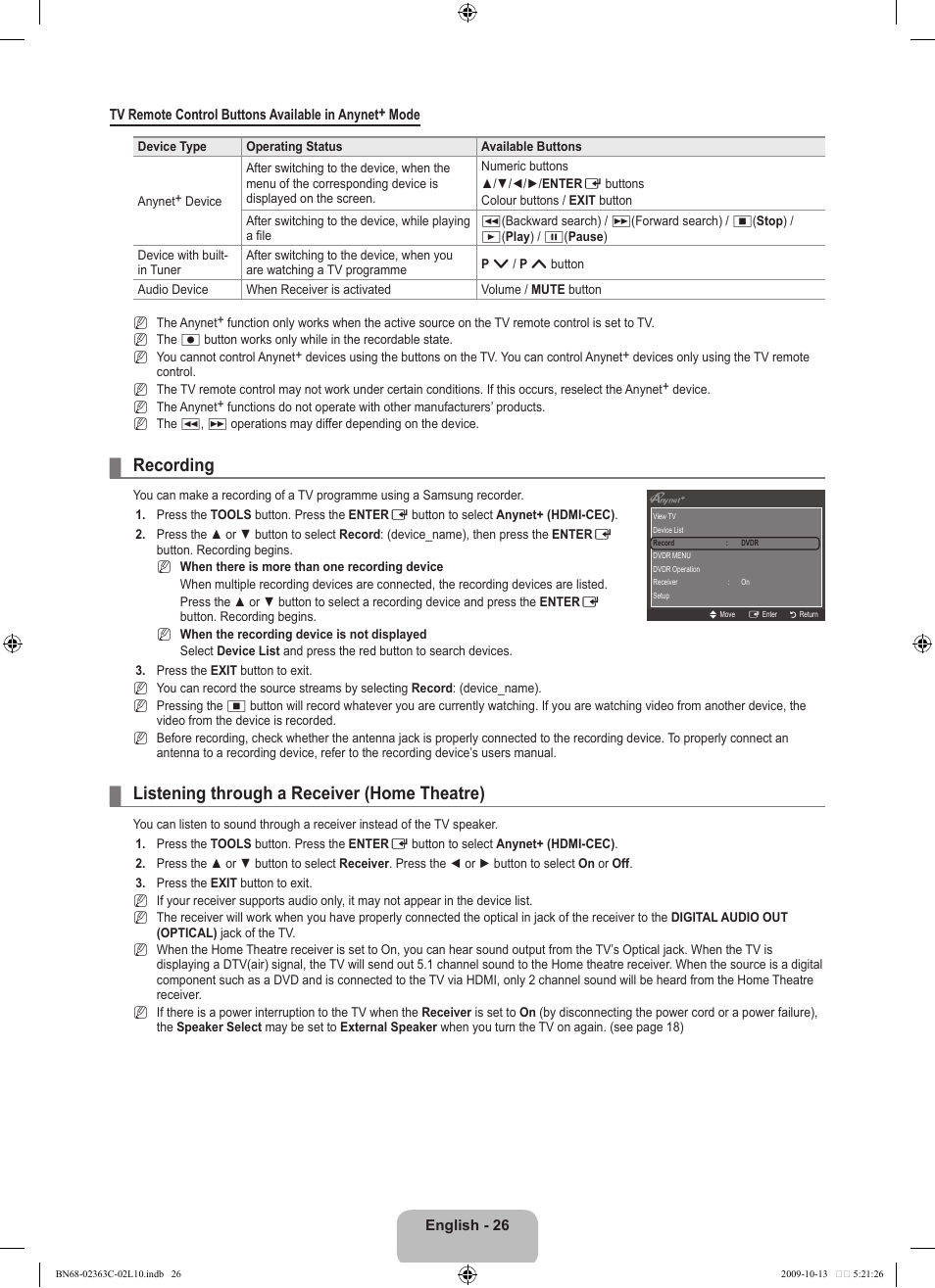 Recording, Listening through a receiver (home theatre) | Samsung LE32B530P7N User Manual | Page 28 / 368