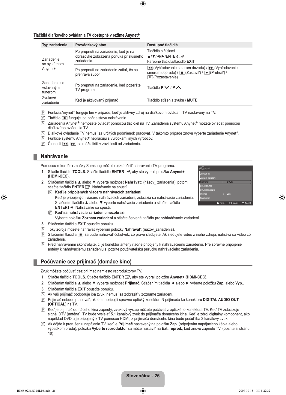 Nahrávanie, Počúvanie cez prijímač (domáce kino) | Samsung LE32B530P7N User Manual | Page 280 / 368